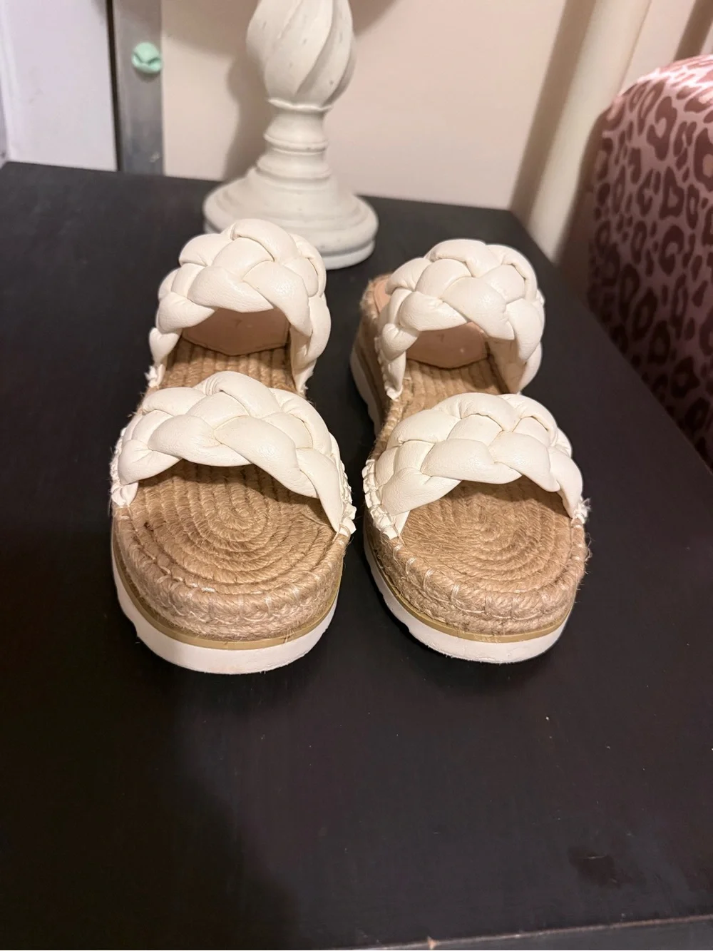Braided Double-Strap Platform Sandals in Cream/White